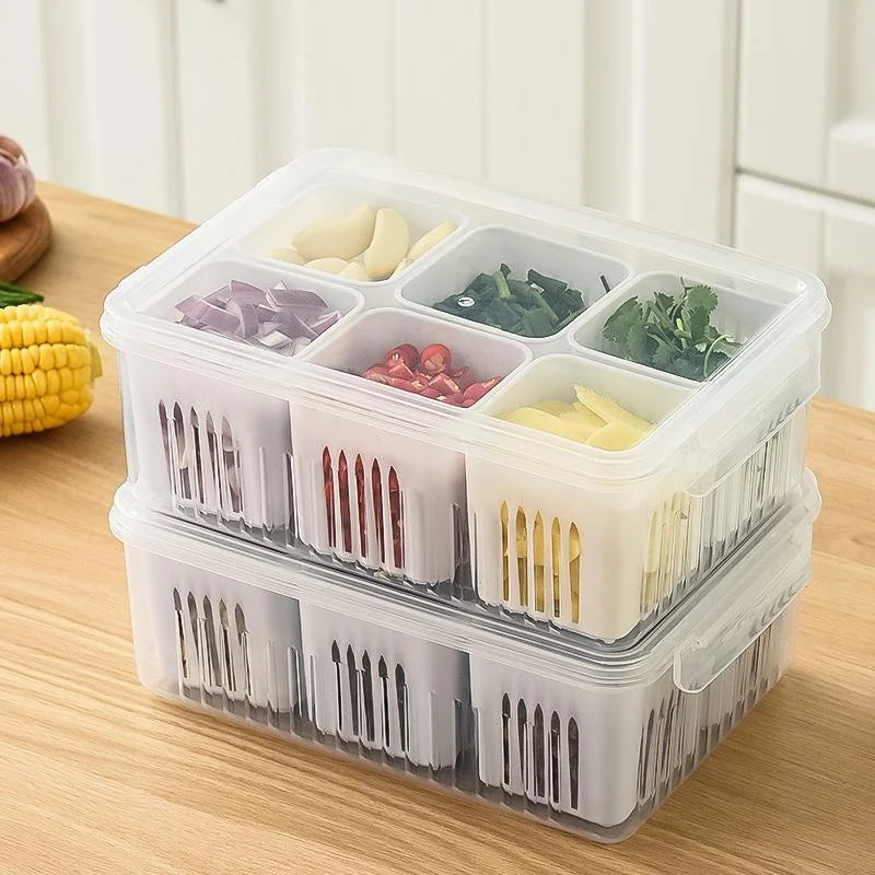 Fruit and vegetable organizer, 6 grids storage to keep food fresh. 
In fridge for fresh food or in pantry for dry food.